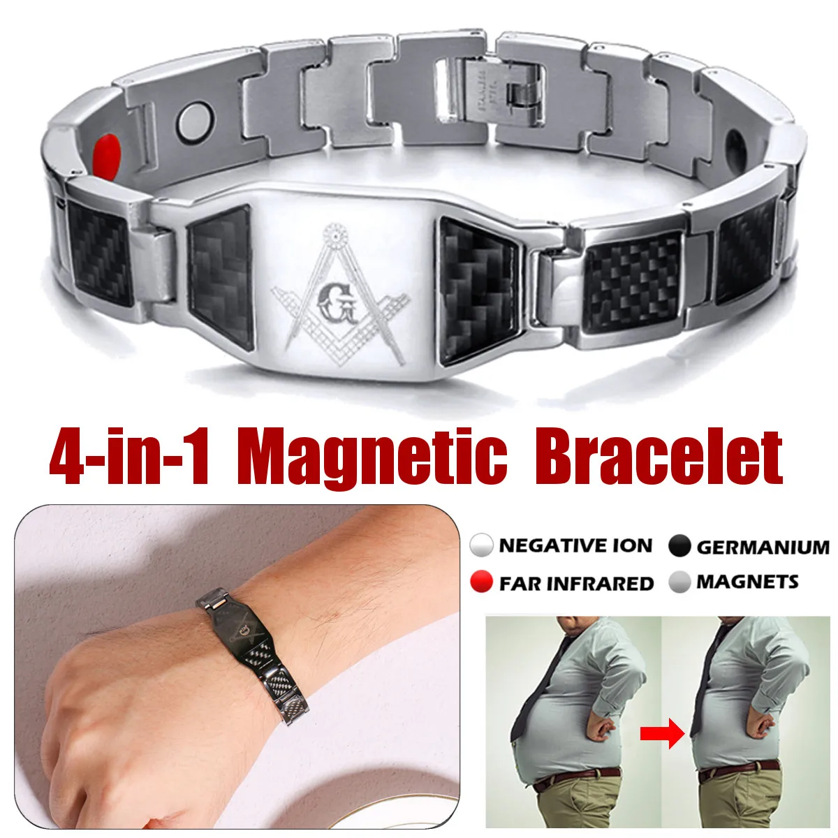 

Black/Silver Magnetic Bracelet Men Stainless Steel Hand Chain Masonic Punk ID Bracelets Carbon Fiber Magnet Health Bracelet