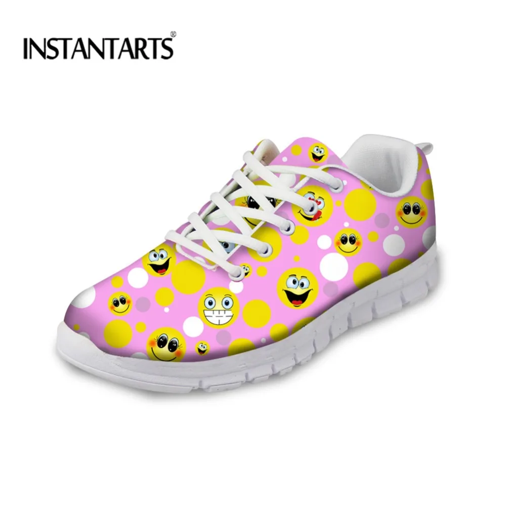 

INSTANTARTS Flats Sneakers Funny Smile Emoji Pattern for Women Light Breathable Walking Student Shoes Lace Up Mesh Shoes Woman