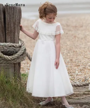 

White Ivory Chiffon O Neck A-Line Girls Dresses for Wedding with Ribbon Kids Vintage Communion Dress Birthday Party Gown