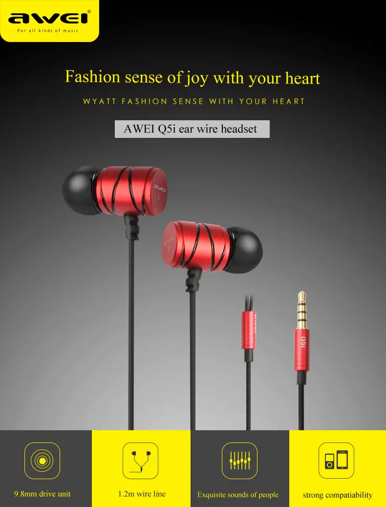 Awei Q5i металлические проводные наушники, наушники, стерео гарнитура с микрофоном, супер бас, наушники-вкладыши, наушники для телефонов