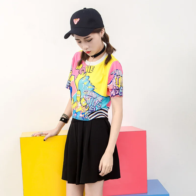Harajuku Винтаж Ulzzang Новая женская футболка с принтом Симпсона сексуальный укороченный топ 3D новинка уличная одежда модная повседневная