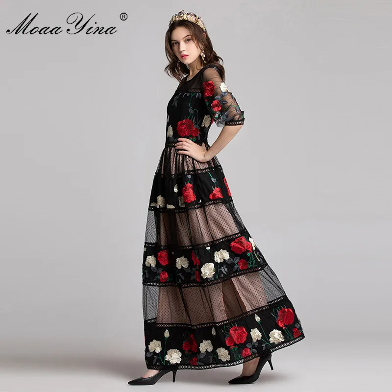 

MoaaYina Fashion Designer Runway Dress Spring Summer Women Mesh Spliced Floral Embroidered Sexy Elegant Party Maxi Dresses
