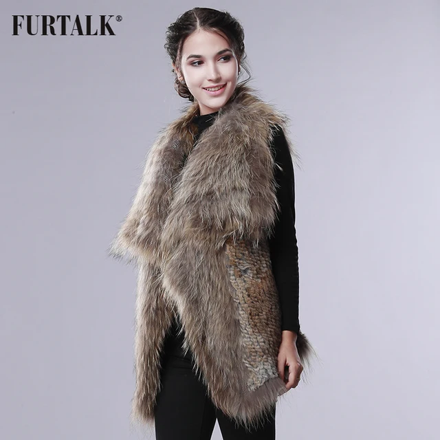 FURTALK Knit Rabbit fur Vest with Raccoon Fur Big Collar Women Winter Fur Vest Real Rabbit Fur