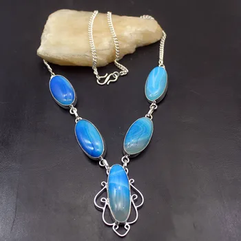 

Multi Gems Unique Blue Botswana Agate925 Sterling Silver Color Pendant Necklace Women Jewelry 20 Inch TF938