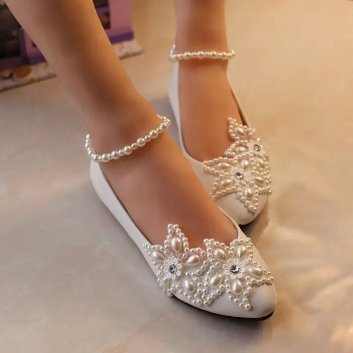 Г. Женская свадебная обувь на плоской подошве белого цвета, цвета слоновой кости размера плюс 34-41 жемчужный браслет для ног, обувь для невесты женские свадебные туфли на низком каблуке Большая распродажа
