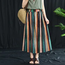Элегантная женская юбка, льняная, для отдыха, свободная, в полоску, Mori Girl, эластичная талия, женская, Радужная, женская, модная юбка