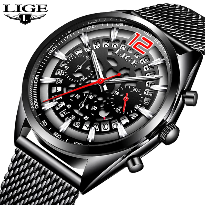 

LIGE Mens Watches Top Brand Luxury Business Quartz Watch Men Steel Mesh Strap Casual Waterproof Sport Watch Relogio Masculino