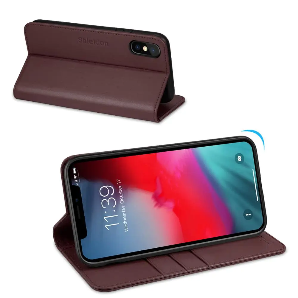 Чехол-Кошелек SHIELDON для iPhone XS, 【натуральная кожа, kickstand【card slets【rfid blocking】【авто сон/wake】чехол для iPhone XS