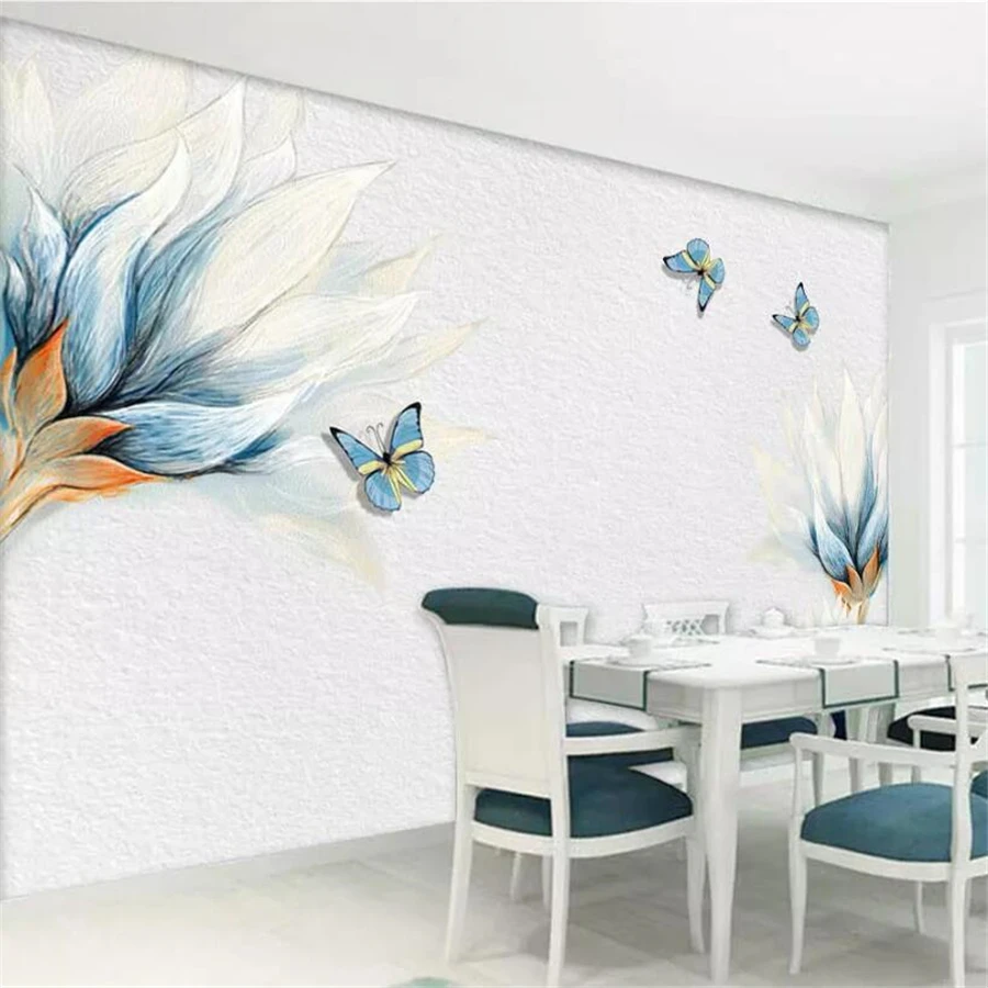 3d фотообои beibehang на заказ синие ручная роспись цветы Бабочка фон для телевизора