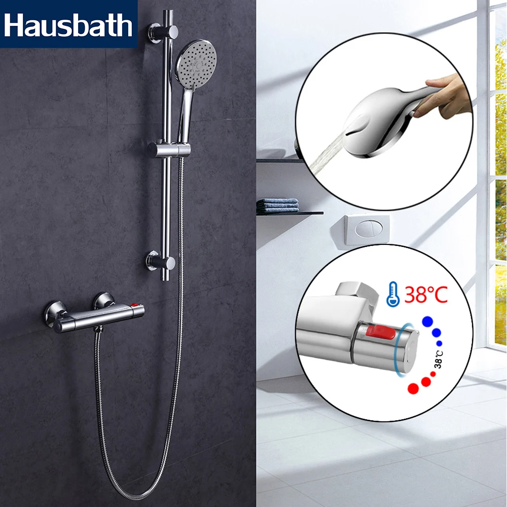 

Thermostatic Shower System Set With Slide Bar Mixer Hose Miltifunction Hand Shower Head Adjustable Rail
