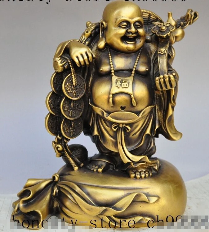 

10" china buddhism brass wealth money coin ruyi gold bag Maitreya Buddha statue