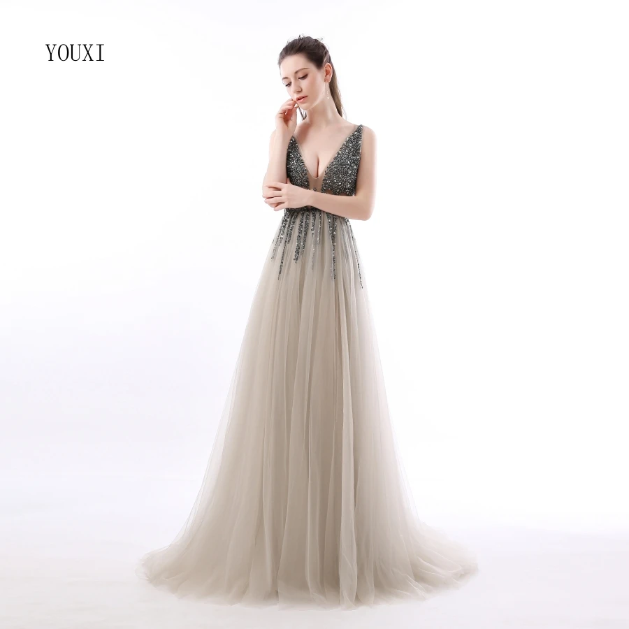 Sexy Deep V-Neck Side Split Long Evening Dress 2018 New Arrivals Backless Sparkly High Slit See Through Abendkleider Lang Sexy Deep V-Neck Side Split Long Evening Dress 2018 New Arrivals Backless Sparkly High Slit See Through Abendkleider Lang