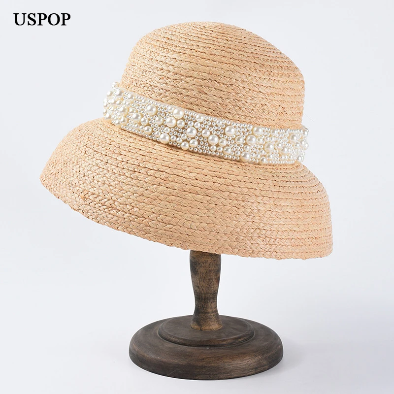 

USPOP 2019 New summer sun hats for women raffia straw hats female pearl straw sun hats fashion wide brim flat top beach hats