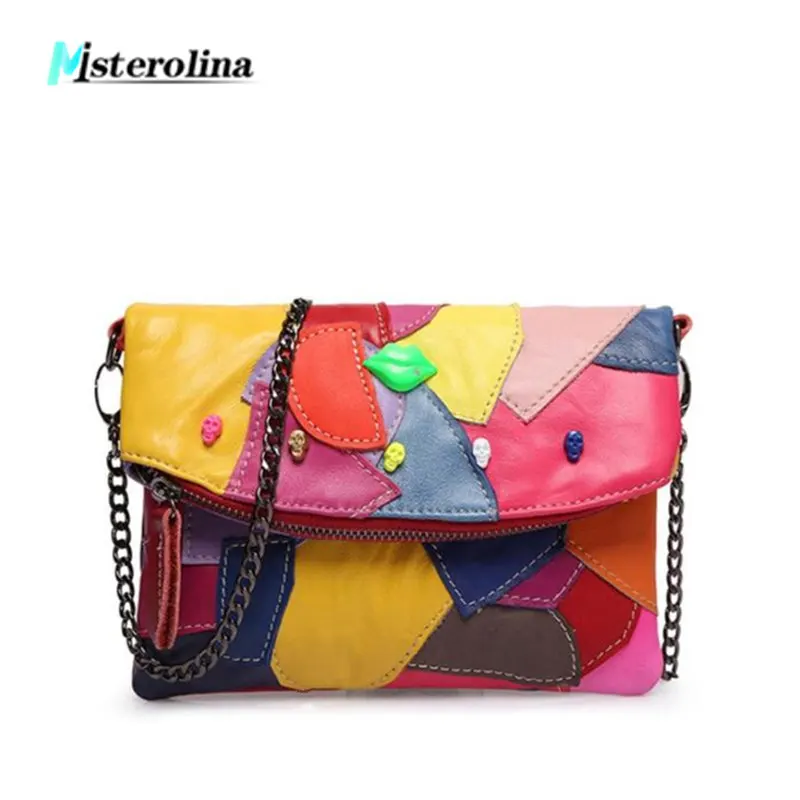 

Misterolina new 2018 women bags genuine leather retro Fashion rivet Appliques messenger shoulder chains handbag hasp satchel bag