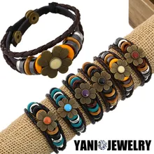 Shuyani Punk Leather Bracelet Bangle Sweet Flower Leather Bracelets Handmade Adjustable Multilayer Leather Bracelet