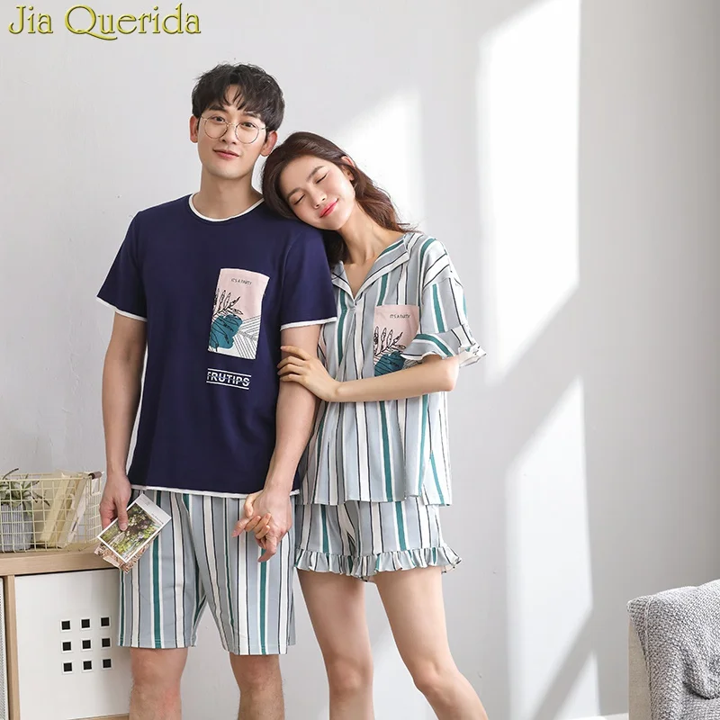 

Pyjama Femme 2019 New Shorts Pajamas For Women And Men Leisure Striped Couple Matching Night Suit 100% Cotton Couple Pajamas Set