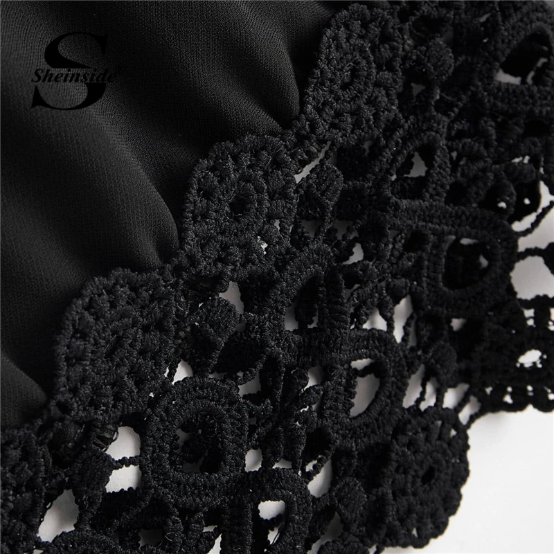 Sheinside, Черная кружевная блузка с открытыми плечами, открытая, вязанная крючком вставка, жабо, топ, женская элегантная блузка с длинным рукавом, женские топы