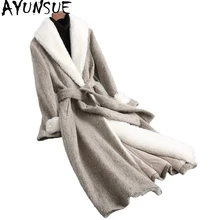 AYUNSUE, модное шерстяное твидовое пальто, женское, длинное, натуральный мех ягненка, отделка, толстая, зимняя, Женская куртка с помпоном, шерстяные пальто 18045, WYQ1817