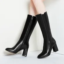 Европа и США г. осенне-зимняя обувь из натуральной кожи с бархатными высокими ботинками женские ботинки на толстом каблуке с квадратным носком