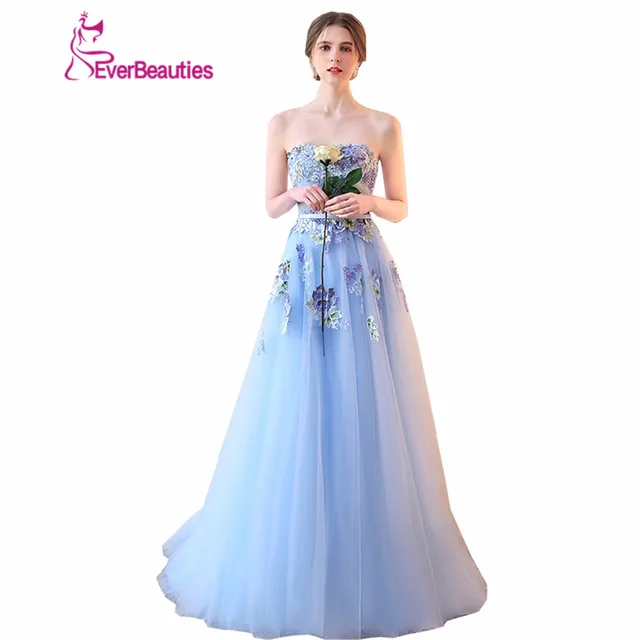 Light Blue Strapless Evening Dress