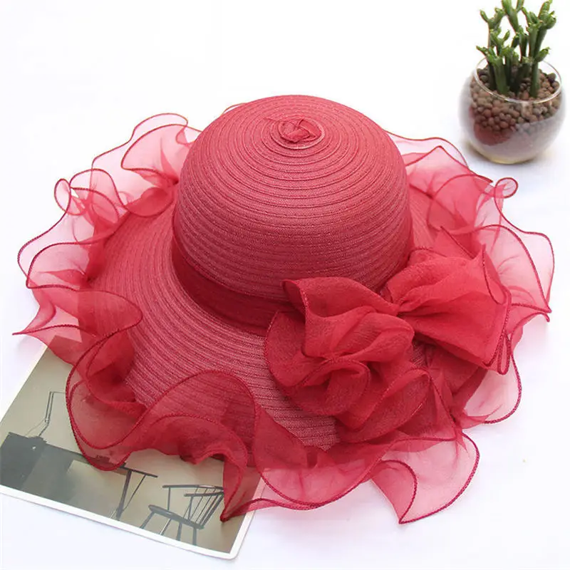 Kajeer, Кружевная Сетка, модные летние солнечные шляпы из органзы для женщин, элегантная женская церковная винтажная шляпа с широкими большими полями с большим цветком - Цвет: red