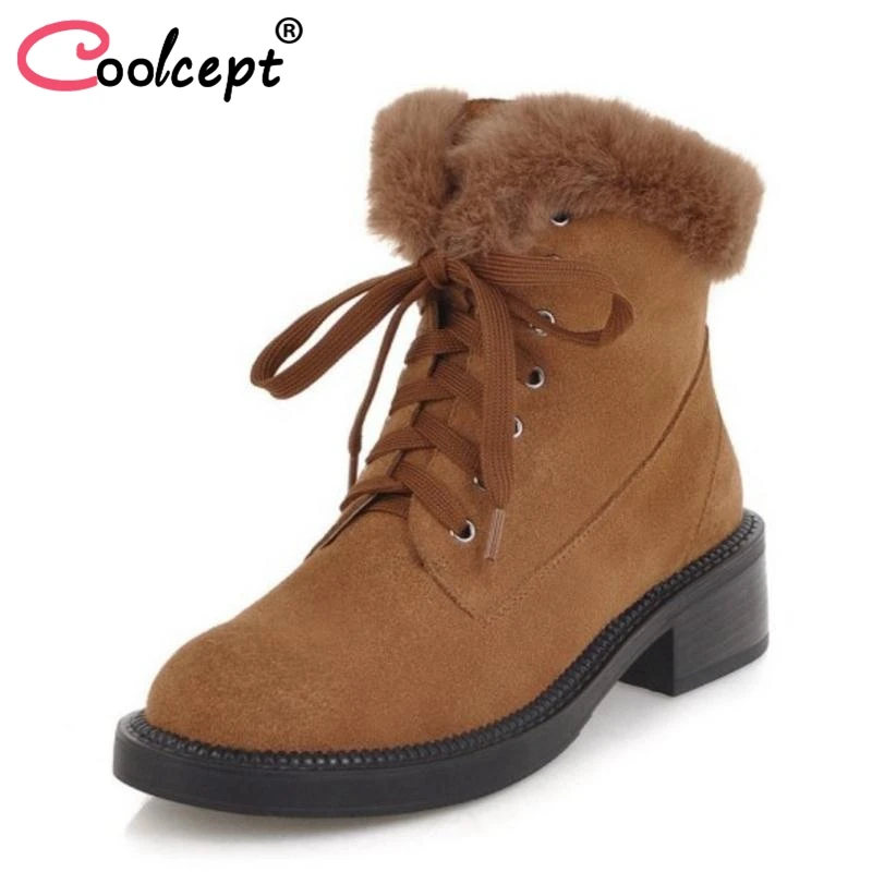 

Coolcept Women Ankle Boots Winter Real Leather Shoes Woman Lace Up Warm Fur Shoes Platform Zipper High Heels Boots Size 34-43