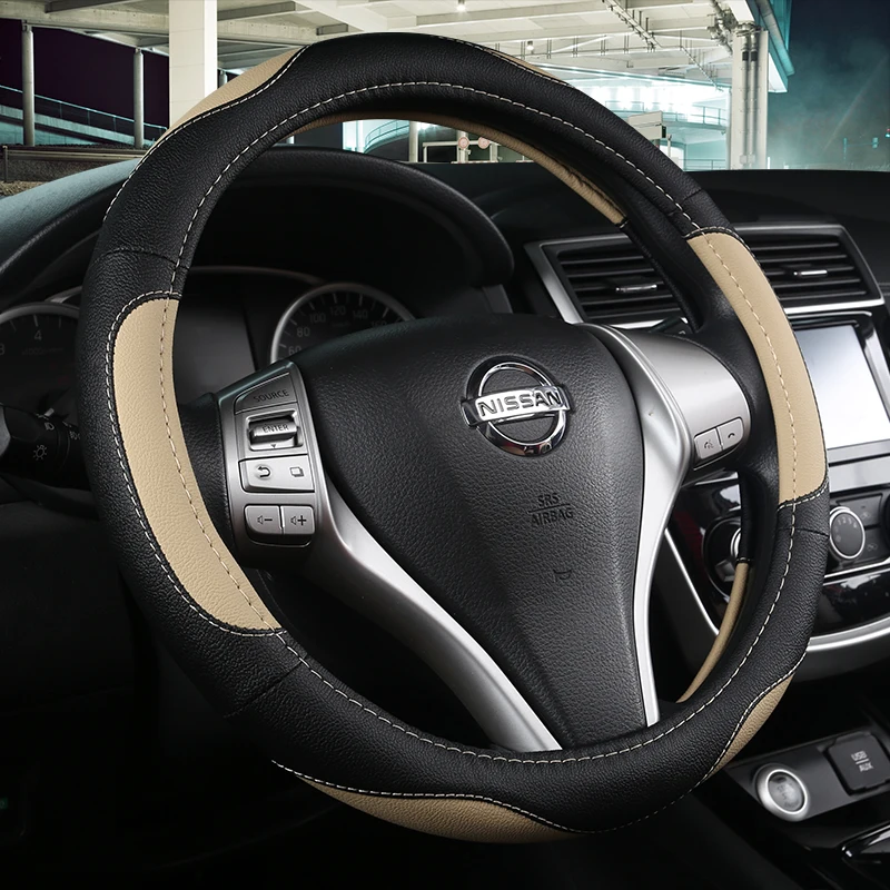 DERMAY рулевого колеса черный спортивный автомобиль кожаный чехол на руль рулевое охватывает Универсальный 38 см колесо крышка - Название цвета: Бежевый