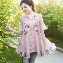 Loose Chiffon Shirts 2017 Summer New Fashion Ruffles Sleeve Medium-long Print Blouses and Shirt Short Sleeve Chiffon Tops
