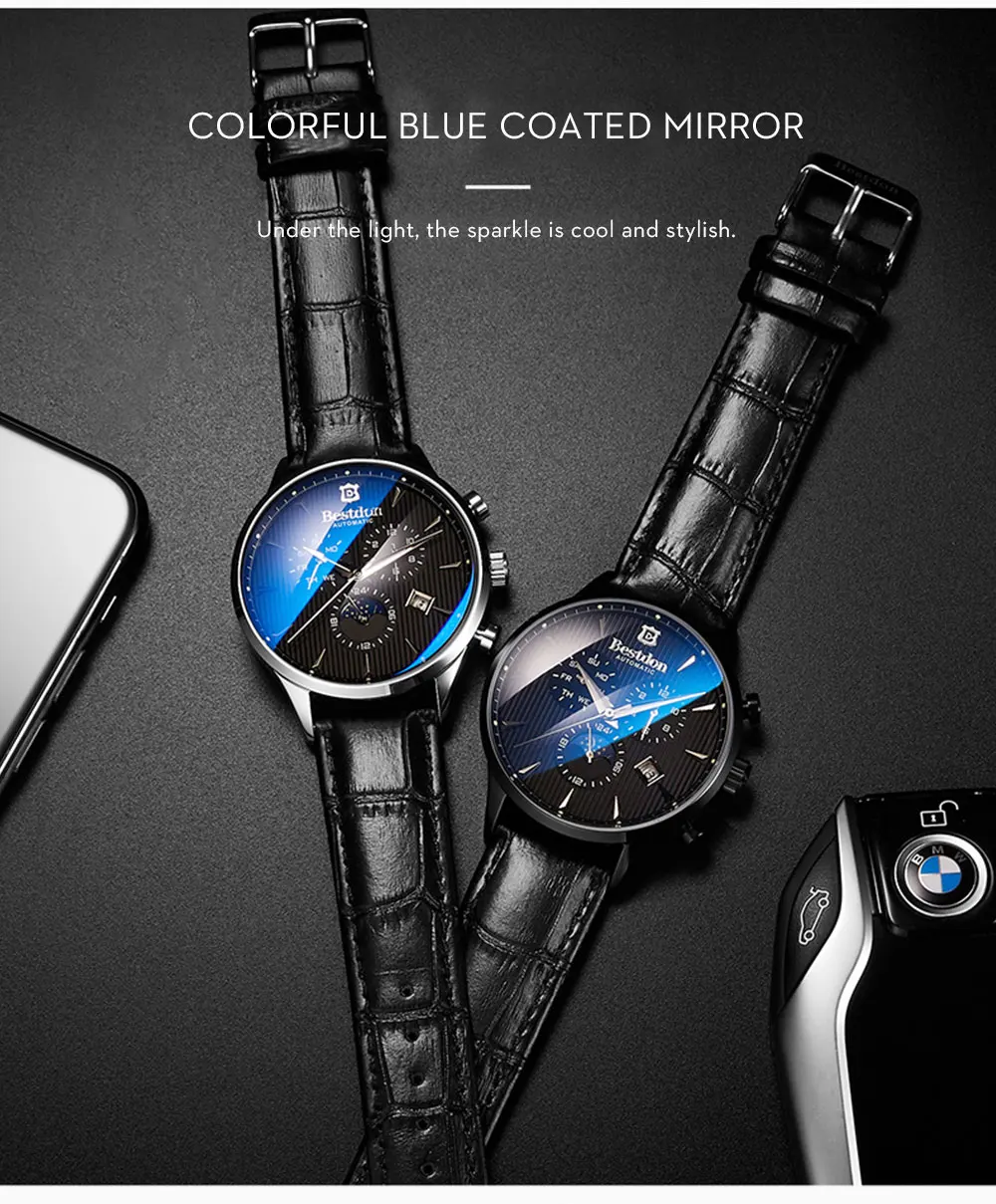 Bestdon Роскошные Брендовые Часы Мужские автоматические механические часы деловые повседневные швейцарские часы Moon Phase Синий кожаный ремешок 7116