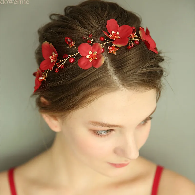 Dower me Handmade Red Flower Women Hair Wreath Crystal Bridal Headband Tiara Wedding Prom Hair