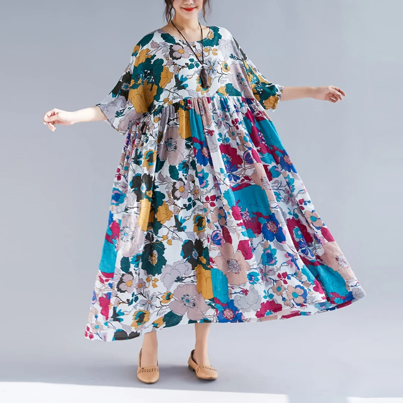 

BIG SIZE 4XL 2019 Summer Women Fashion Elegant Flower Print Cotton Linen Tops Ladies Female Plus Large Long Robe Dress Vestidos
