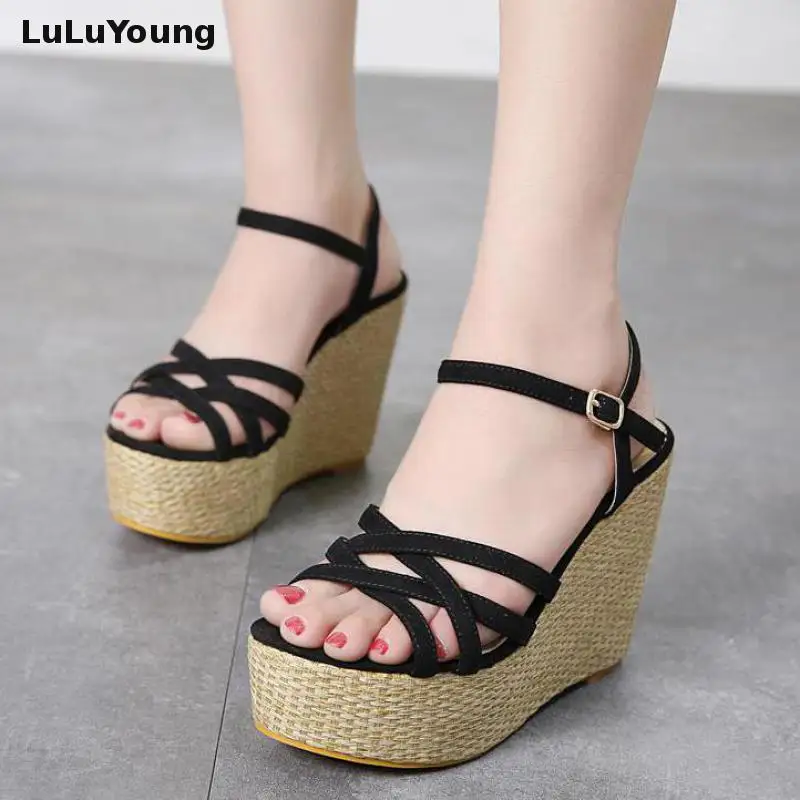 

Wedges Heel Sandals Women Summer 2019 New Fashion Buckle Open Toes 11 Cm High Heel Platform Ladies Sandals Black