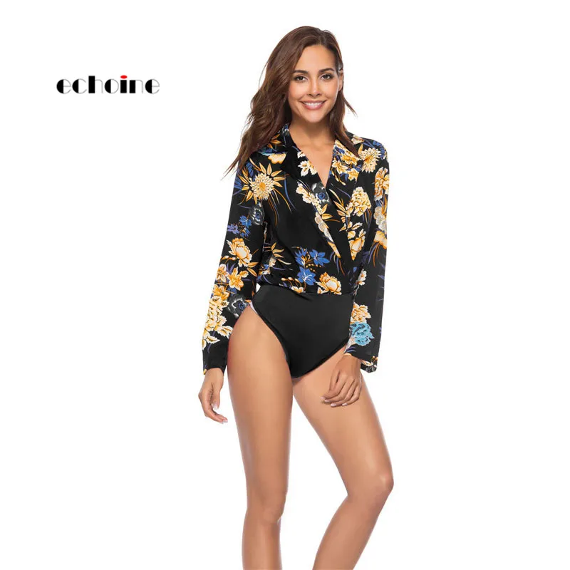 

Echoine Women Fashion Jumpsuit Floral Print Shirt Tops Turn-Down Collar Long Sleeve Sexy Bodysuit Brief Casual Romper Streetwear