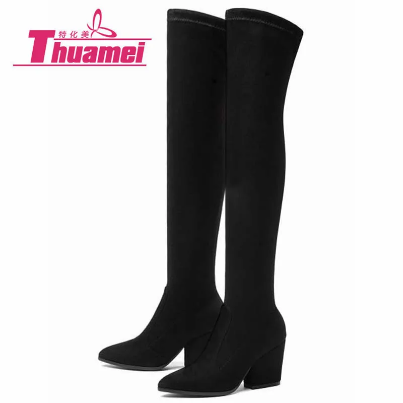 

9 Colors Warm Women Over The Knee High Boots Winter Shoes High Hoof Heels Pointed Toe All Match Women Boots New #Y0300350F
