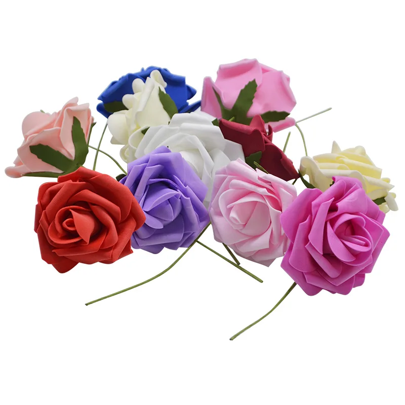 10Pcs 8cm Big PE Foam Rose With Leaves Artificial Flower Bouquets For
