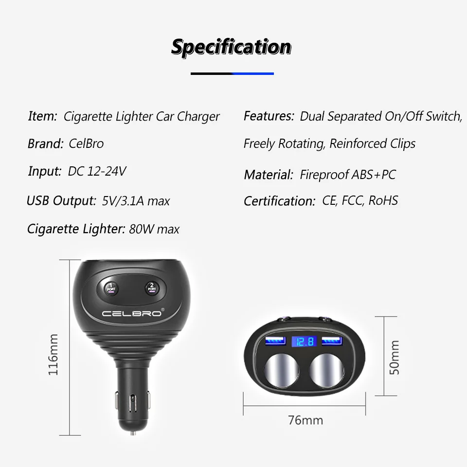 3.1A 2 Dual port USB Автомобильное зарядное устройство прикуриватель разветвитель адаптер 24V 12V автомобильное зарядное устройство разъем для gps DVR мобильного телефона 80W