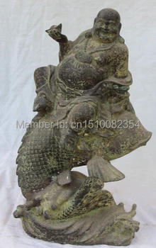 

17"Chinese Bronze Gilt Wealth Yuanbao Happy Laugh Maitreya Buddha On Fish Statue