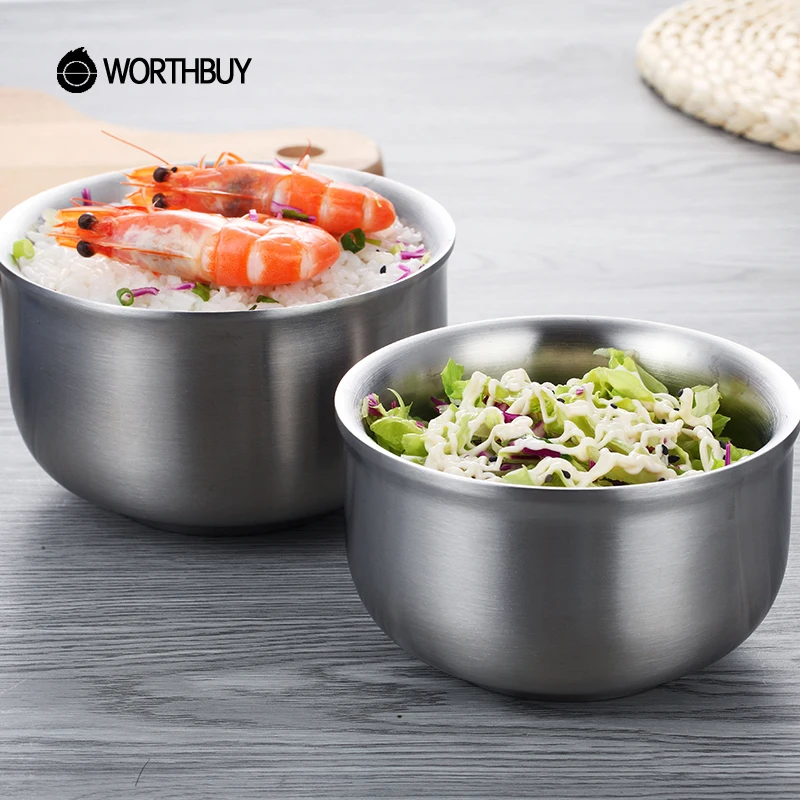 COLLBATH Metal Bowl For Household Double Layer Stainless Steel Rice Bowl Insulated Silver With Cover For Office Kids Home Use