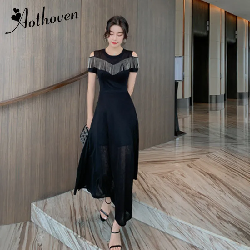 

2019 Summer Office Sexy Party Mesh Patchwork Tassel Dresses Women O Neck Off the Shoulder Elegant Dresses Vintage Bandage Dress