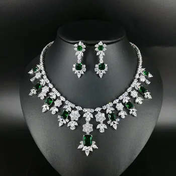 

NEW FASHION Retro green square zircon necklace earring wedding bride banquet formal dinner dress pop jewelry set free shipping