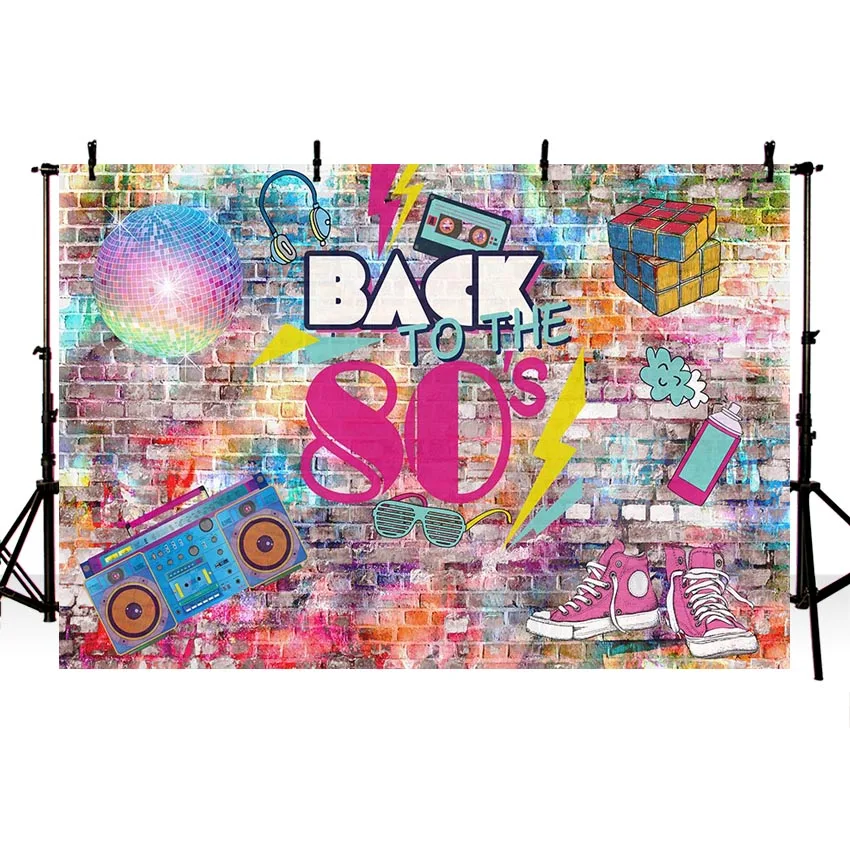 

Graffiti Brick Wall Disco Back To 80s Party Musical Photography Backdrop Studio Spray Wall Photo Background for Photo Booth Prop