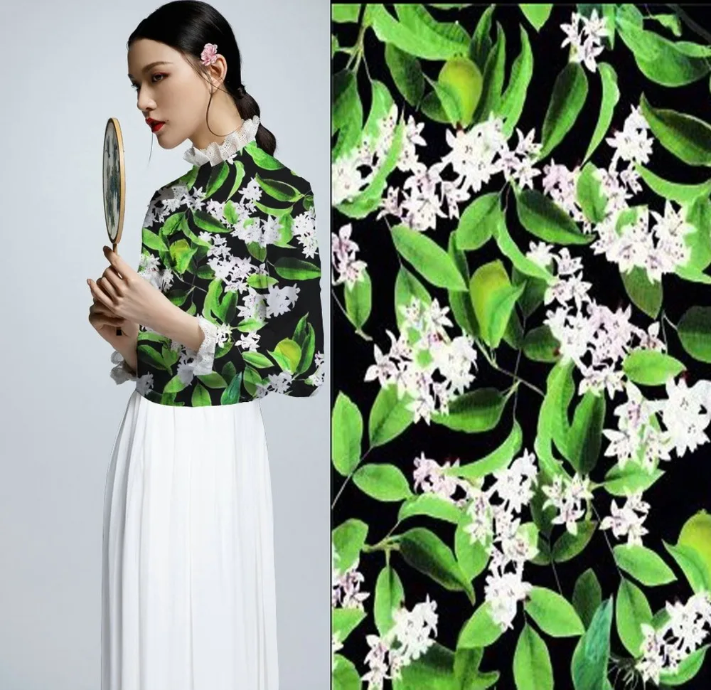 

Super Woven Elastic pure silk fabric For Sewing dress elegant madam white flowers Print material cloth Fabrics tissus au metre