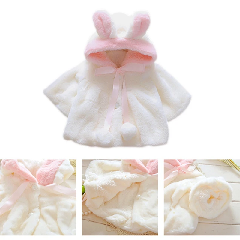 0-4T Baby Girl Coat Imitation Rabbit Fur Ear Shawl Wool Hooded Cartoon Warm Thick Pink White Blends Top