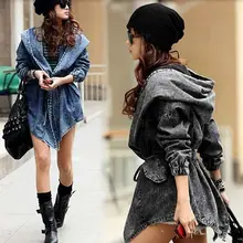 Laipelar Autumn Fashion Jeans Jacket Women Hooded Long Jacket Coat Denim Coat Parka Outwear Coat With Belted Top Outfit flounce trim belted coat