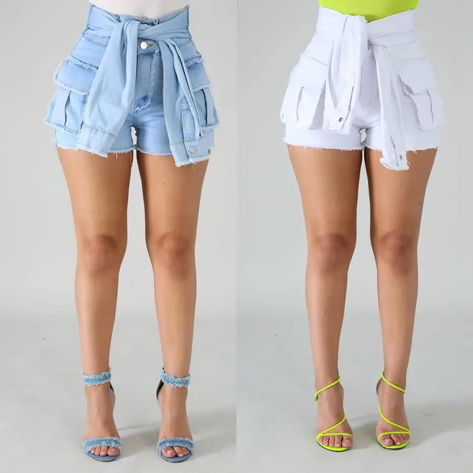 

HAOYUAN White Vintage Bandage Denim Shorts Women Stretch Casual Plus Size Summer High Waist Sexy Club Short Jeans