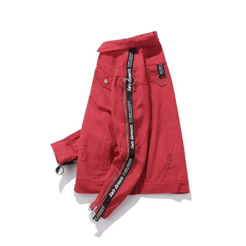 [HANGJIA] мужская приталенная джинсовая куртка черного/красного цвета с боковой молнией и лентой, уличные куртки в стиле хип-хоп
