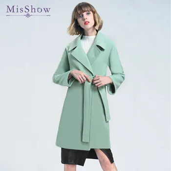 

MisShow Wool Blend Coat Autumn Winter Coat Women Wide Lapel Belt Coats Long Slim Outerwear Casual Overcoats Turndown Jacket
