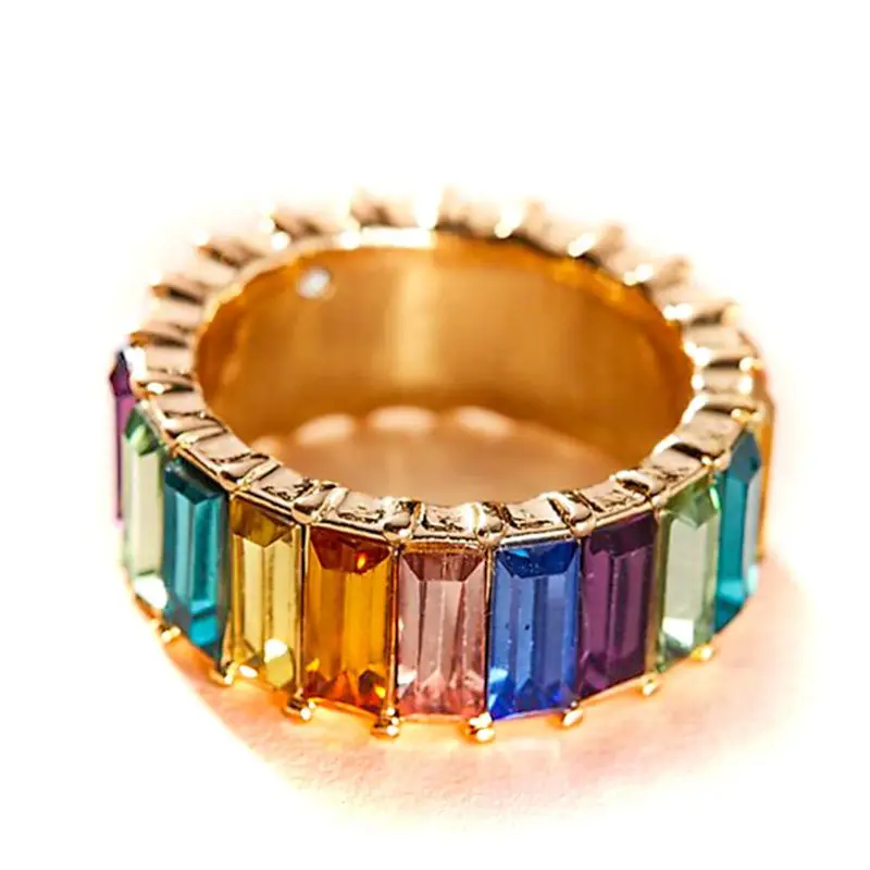 

Rainbow Crystals Baguette Band Ring Stackable Eternity Band Cubic Zirconia Ring