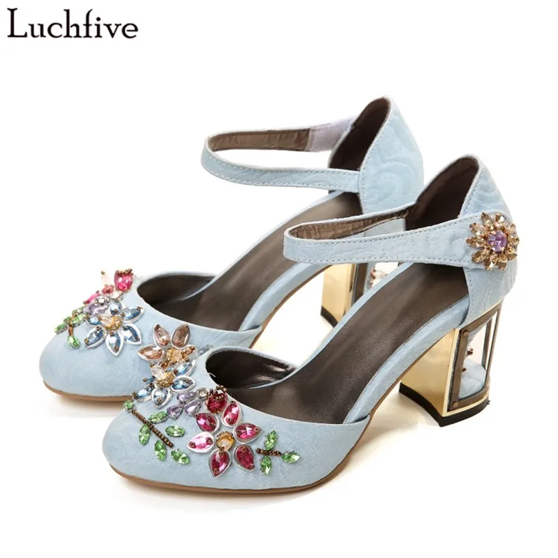 

Velvet Women Pumps colorful crystal flower Studded birds cage High Heels Mary Janes rhinestone Wedding Shoes for ladies