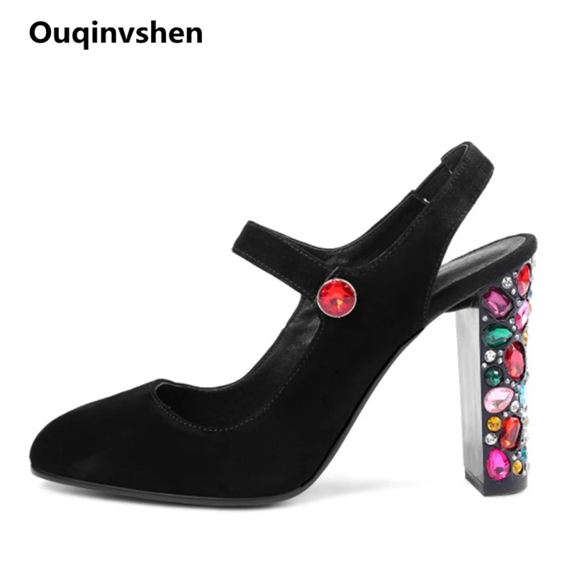 

Ouqinvshen Fashion Crysta Woman Shoes Spring Big Size 34-43 Round Toe Party Kid Suede High Heel Shoes Genuine Leather Shoes 10CM
